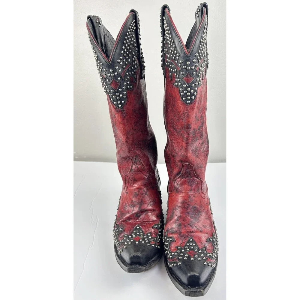 LANE Stephanie  Womens Red and BLack Studded Leather Cowboy Boots Size US 6 RARE